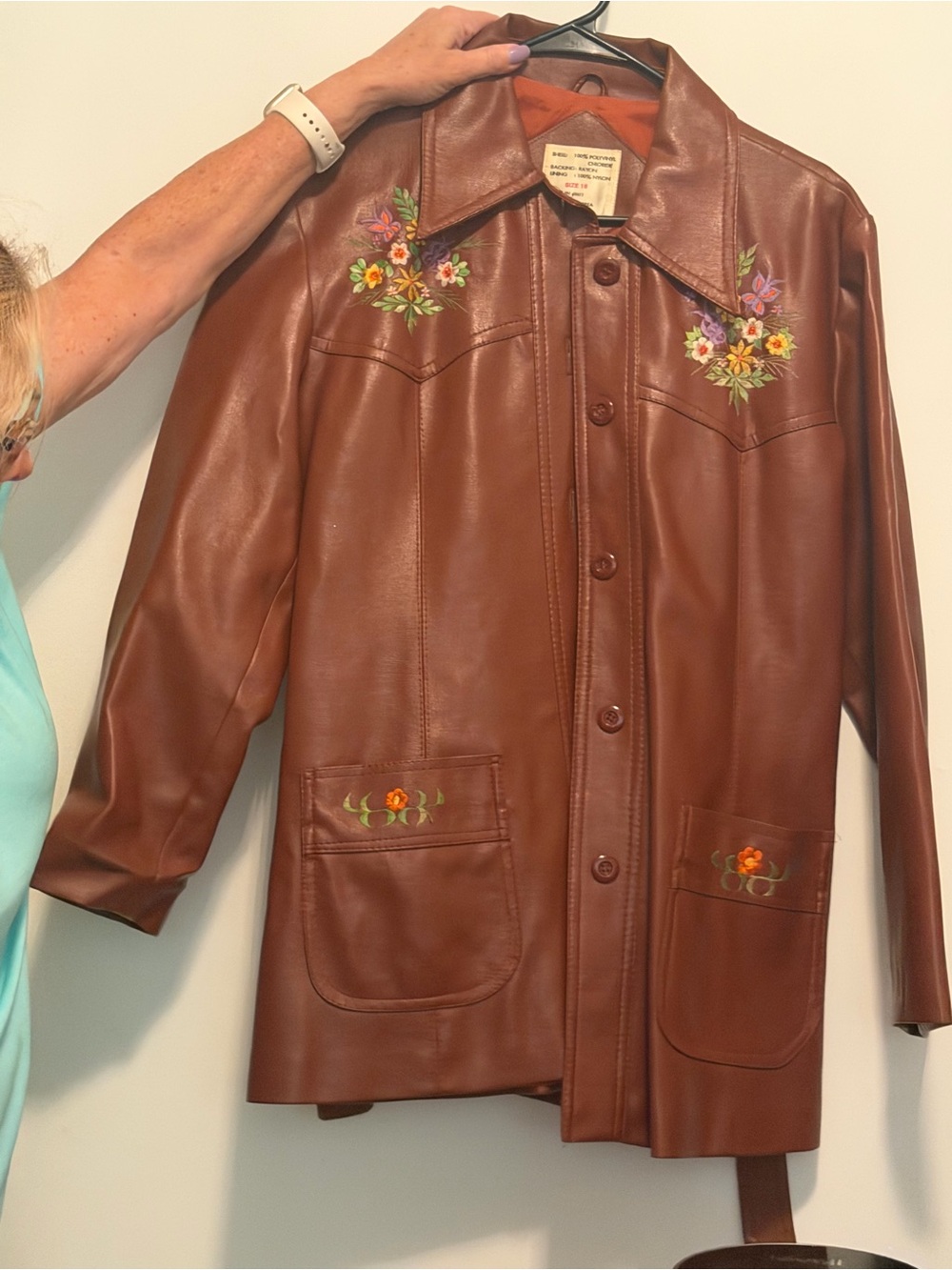 Vintage Women's Brown Faux Leather Embroidered Button-Front Jacket